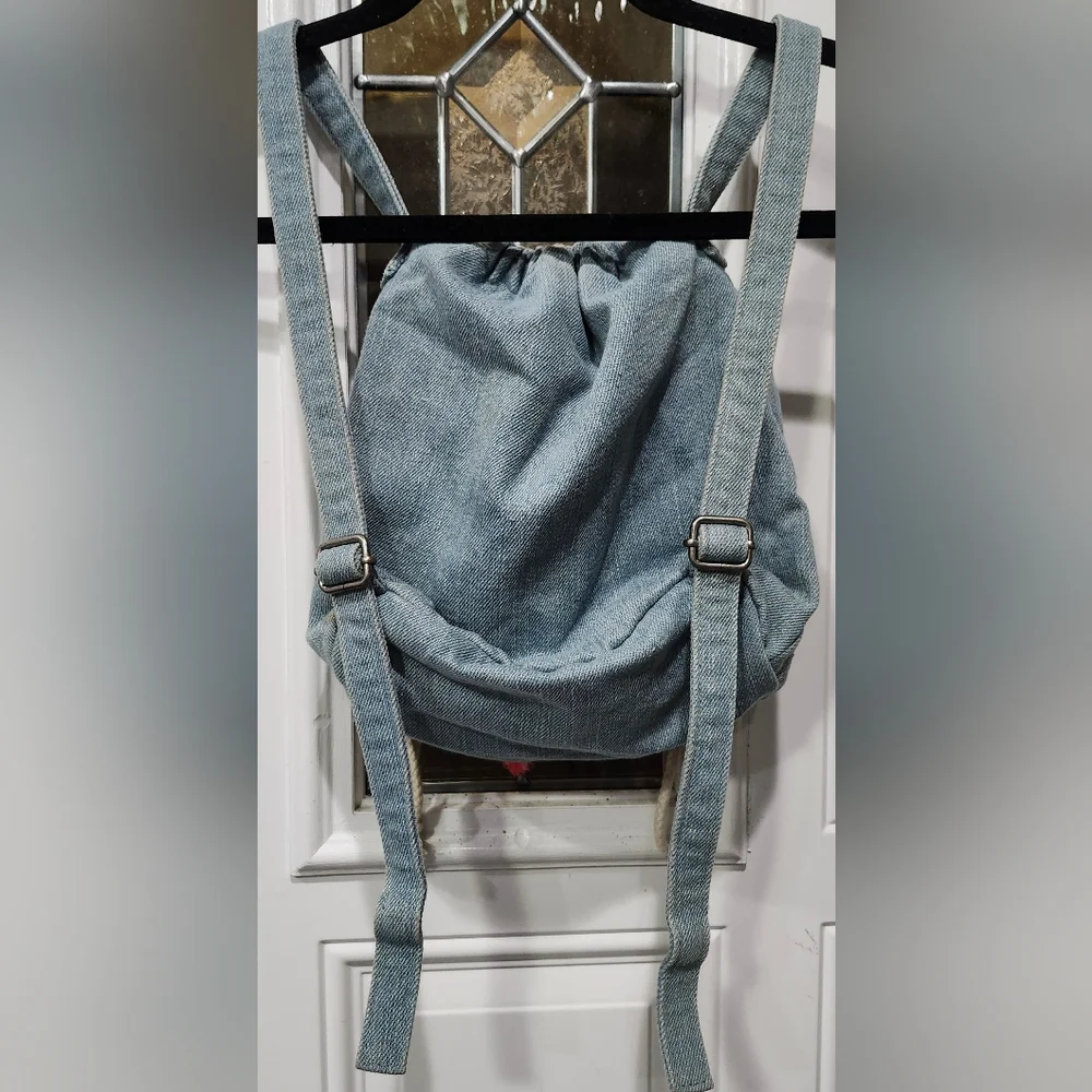 Zara Baby Embroidered Light Wash Denim Sling Drawstring Mini Backpack